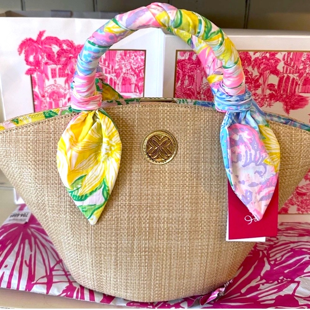 NWT LILLY PULITZER MALIA MINI STRAW BAG BRIGHT DELIGHT PATCH MULTI BEAUTIFUL! - Picture 10 of 15